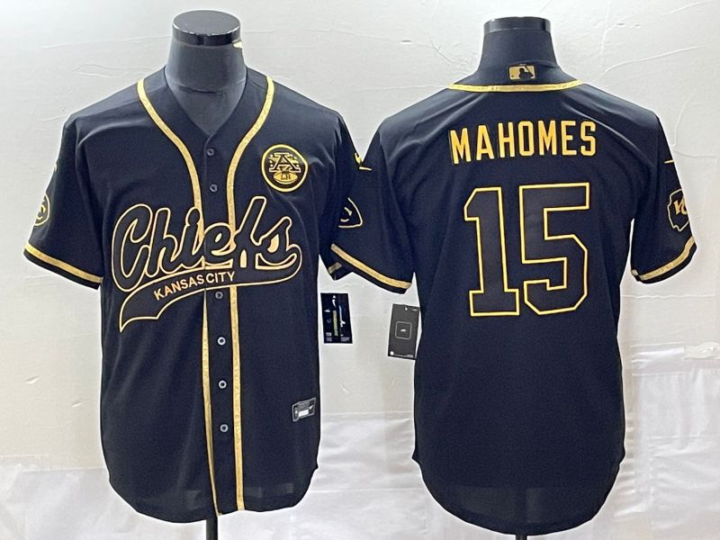 Men Kansas City Chiefs #15 Mahomes Black Gold Co Branding Game NFL Jersey1